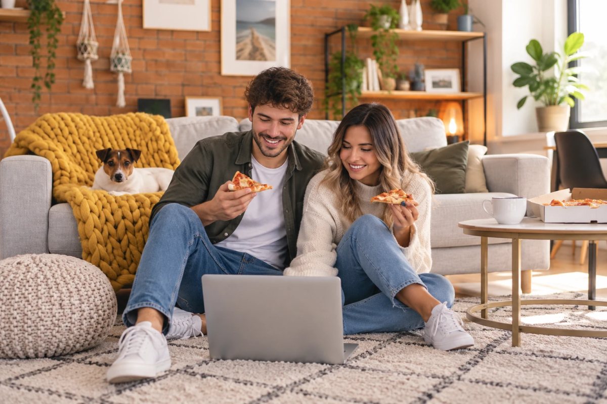 Una pareja joven comiendo pizza frente a la notebook en el living de su departamento